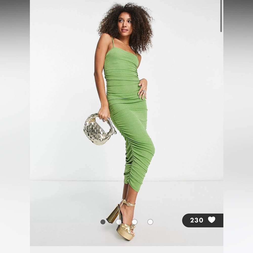 ASOS Envii Ruched midi dress in lime green sparkle Size S
